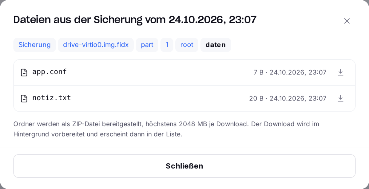 Dateibrowser einer Sicherung mit Download einzelner Dateien