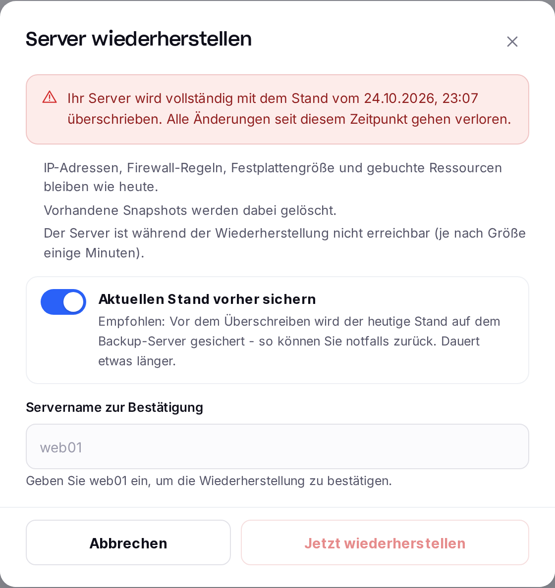 Dialog „Server wiederherstellen" mit Warnhinweis und Option, den aktuellen Stand vorher zu sichern