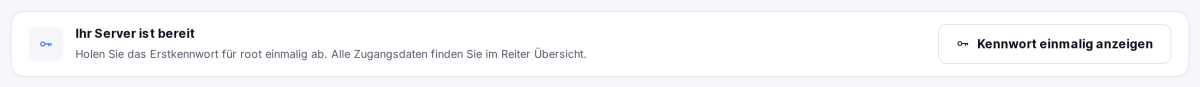 Hinweis „Ihr Server ist bereit" mit dem Knopf zum einmaligen Anzeigen des Kennworts