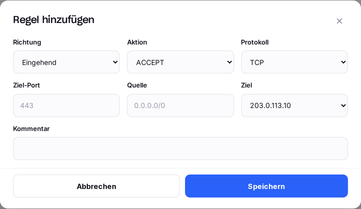 Dialog „Regel hinzufügen" mit Richtung, Aktion, Protokoll, Port, Quelle und Ziel