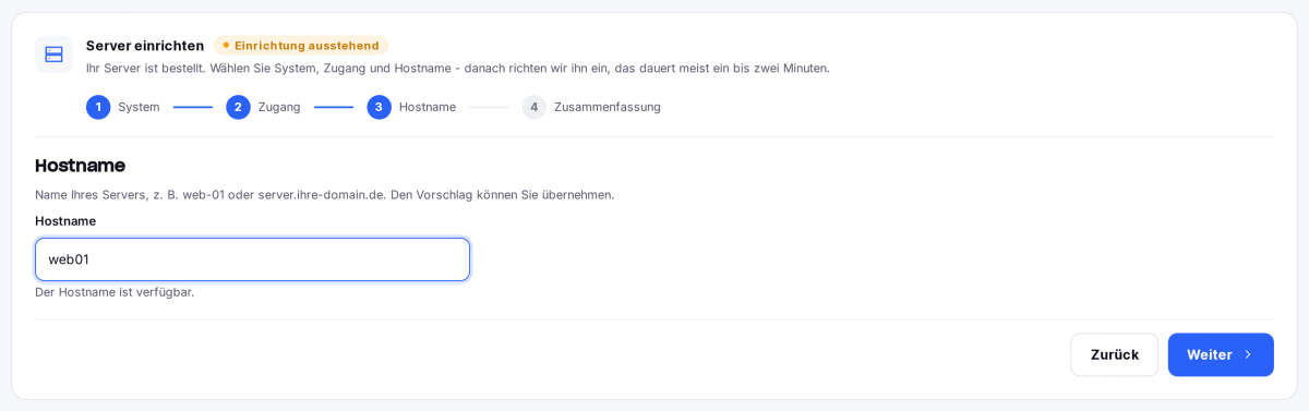 Einrichtungsassistent, Schritt 3: Hostname mit Prüfung der Verfügbarkeit