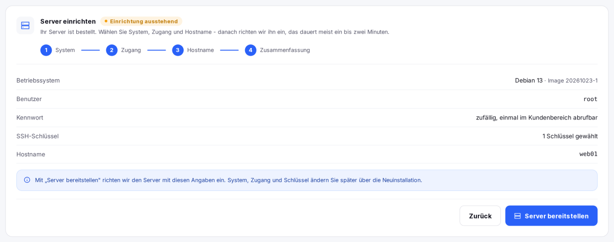 Einrichtungsassistent, Schritt 4: Zusammenfassung mit dem Knopf „Server bereitstellen"