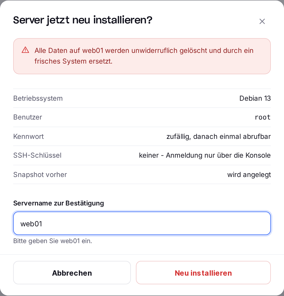 Rückfrage „Server jetzt neu installieren?" mit Zusammenfassung und Servername zur Bestätigung