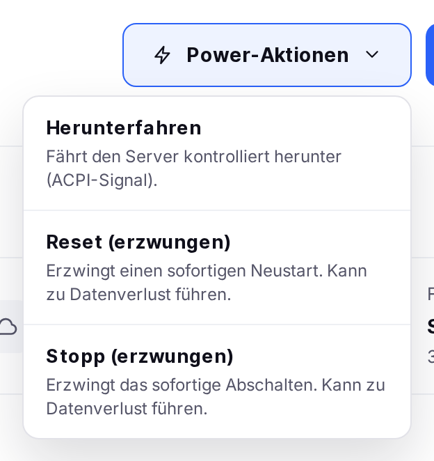 Menü „Power-Aktionen" mit Herunterfahren, Reset und Stopp