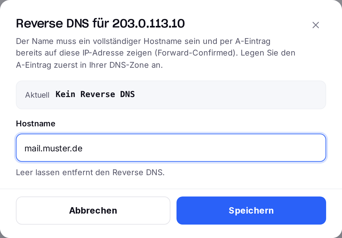Dialog „Reverse DNS" mit Hostname und Hinweis auf den passenden A- bzw. AAAA-Eintrag