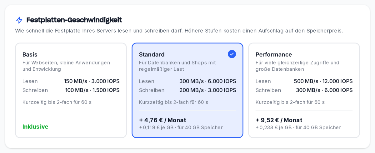Auswahl der Festplatten-Geschwindigkeit mit den Stufen Basis, Standard und Performance