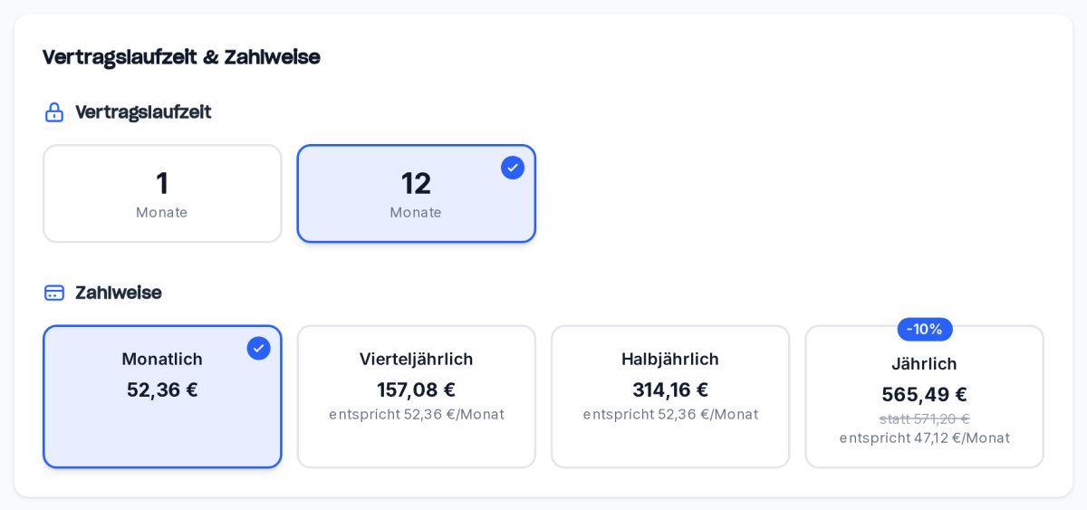 Auswahl von Vertragslaufzeit und Zahlweise