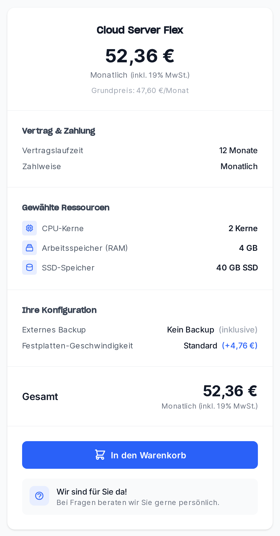 Zusammenfassung der Bestellung mit Ressourcen, Laufzeit, Optionen und Gesamtpreis