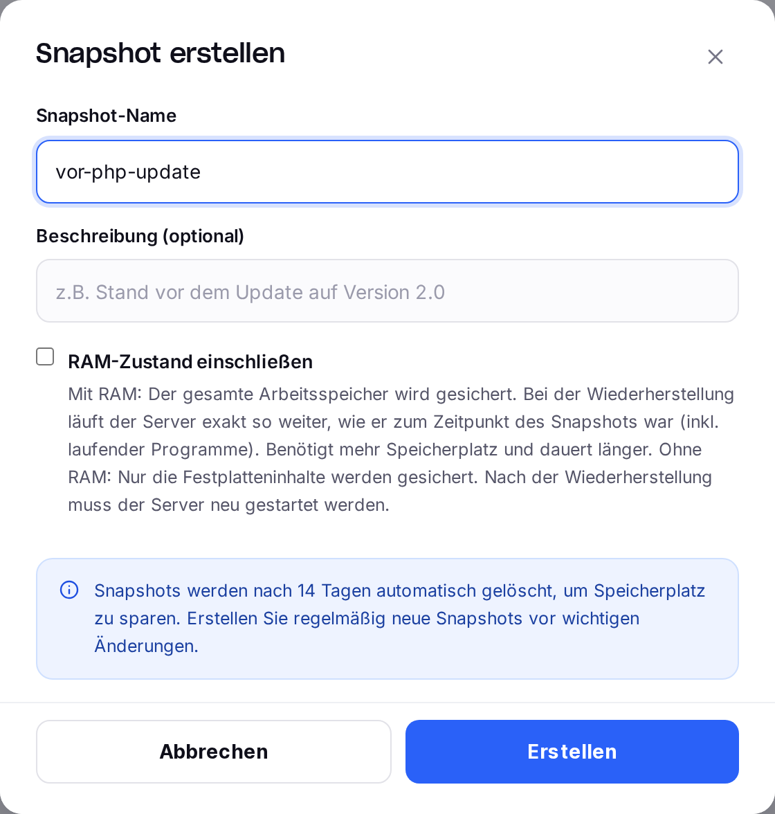 Dialog „Snapshot erstellen" mit Name, Beschreibung und RAM-Zustand