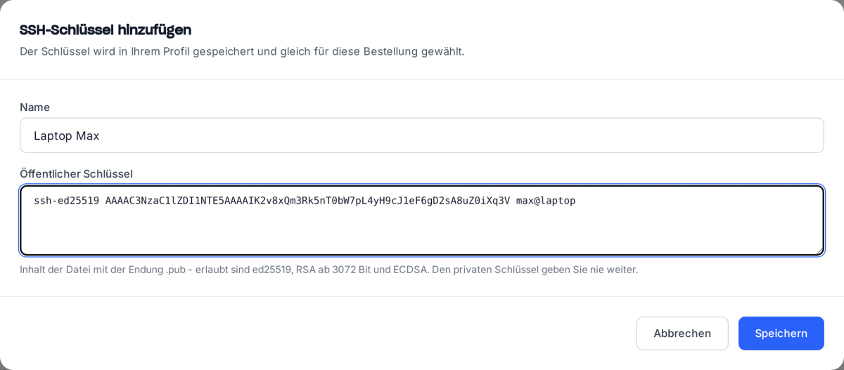 Dialog „SSH-Schlüssel hinzufügen" mit Name und öffentlichem Schlüssel