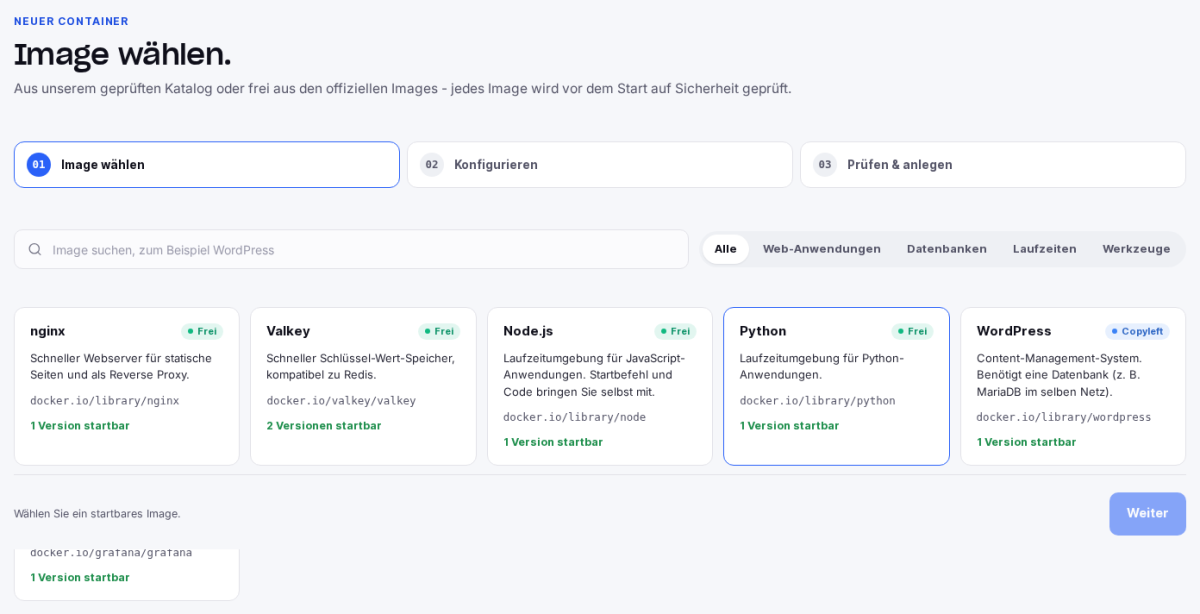 Schritt 1 des Assistenten mit Suche, Kategorien und den startbaren Images des Katalogs