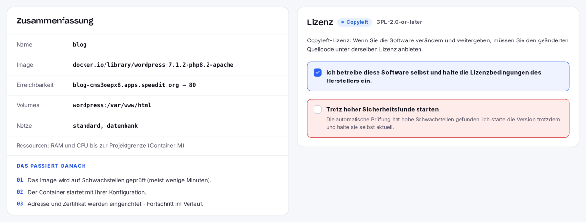 Schritt 3 mit Zusammenfassung, Lizenzbestätigung und Bestätigung trotz hoher Sicherheitsfunde