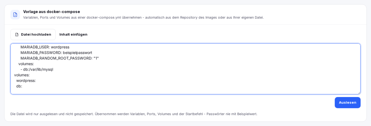 Vorlage aus docker-compose mit eingefügtem Inhalt einer docker-compose.yml