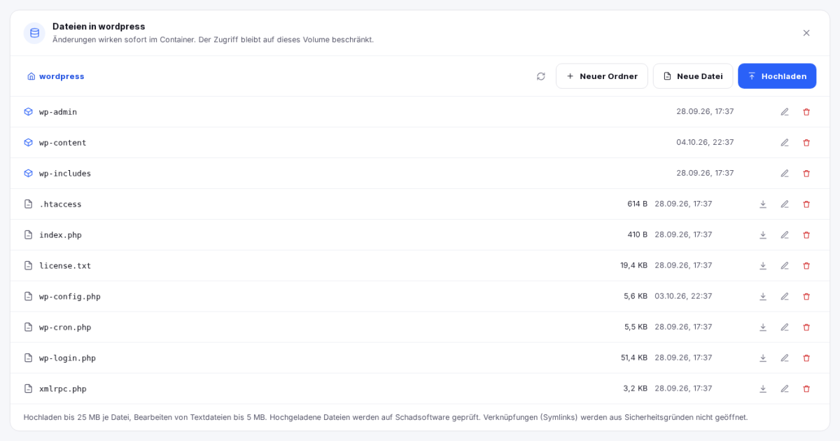 Dateibrowser eines Volumes mit Ordnern, Dateien und den Knöpfen für Neuer Ordner, Neue Datei und Hochladen
