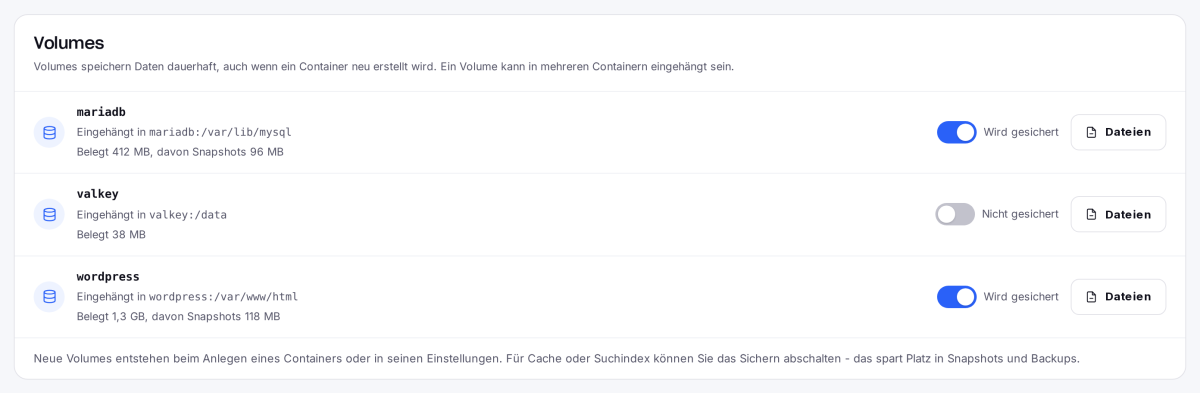 Reiter Datenträger mit den Volumes des Projekts, ihrer Größe, dem Snapshot-Anteil und dem Schalter zum Sichern
