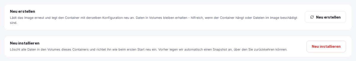 Bereiche „Neu erstellen" und „Neu installieren" in den Einstellungen eines Containers