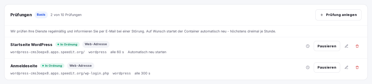 Liste der Prüfungen mit Status, Ziel, Intervall und automatischem Neustart