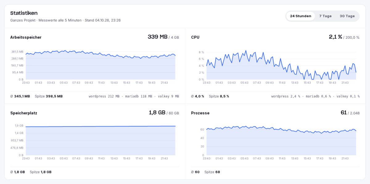 Statistiken des Projekts für Arbeitsspeicher, CPU, Speicherplatz und Prozesse über 24 Stunden