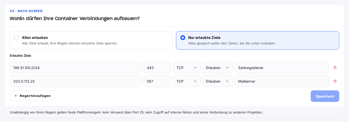 Ausgehende Regeln mit Modus, Ausnahmen und Hinweis auf die festen Plattformregeln