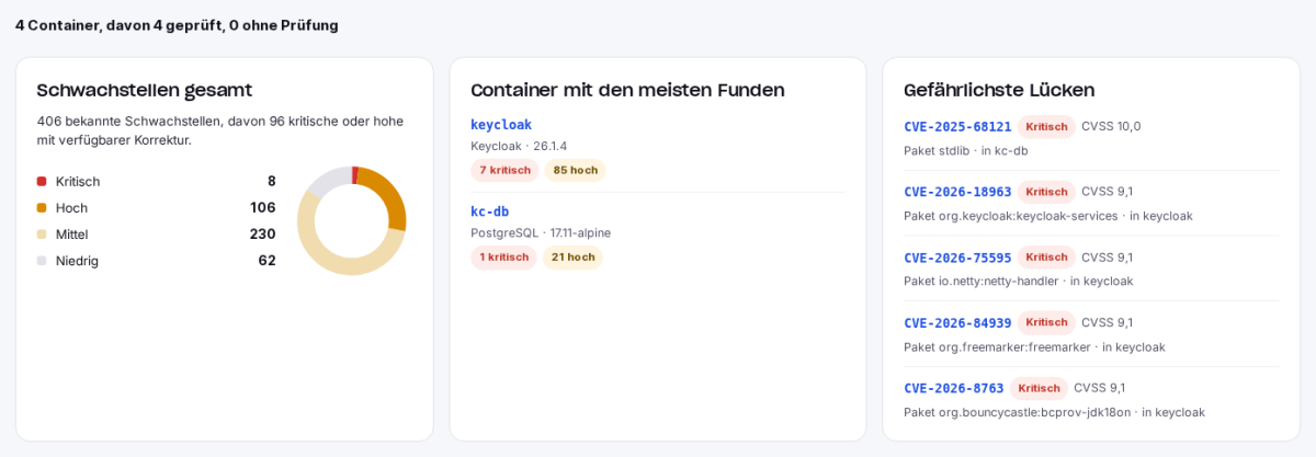 Reiter Sicherheit eines Projekts mit Schwachstellen gesamt, den Containern mit den meisten Funden und den gefährlichsten Lücken
