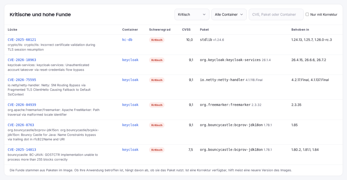 Liste der kritischen und hohen Funde mit Filter nach Schweregrad und Container, Suche und Spalte Behoben in