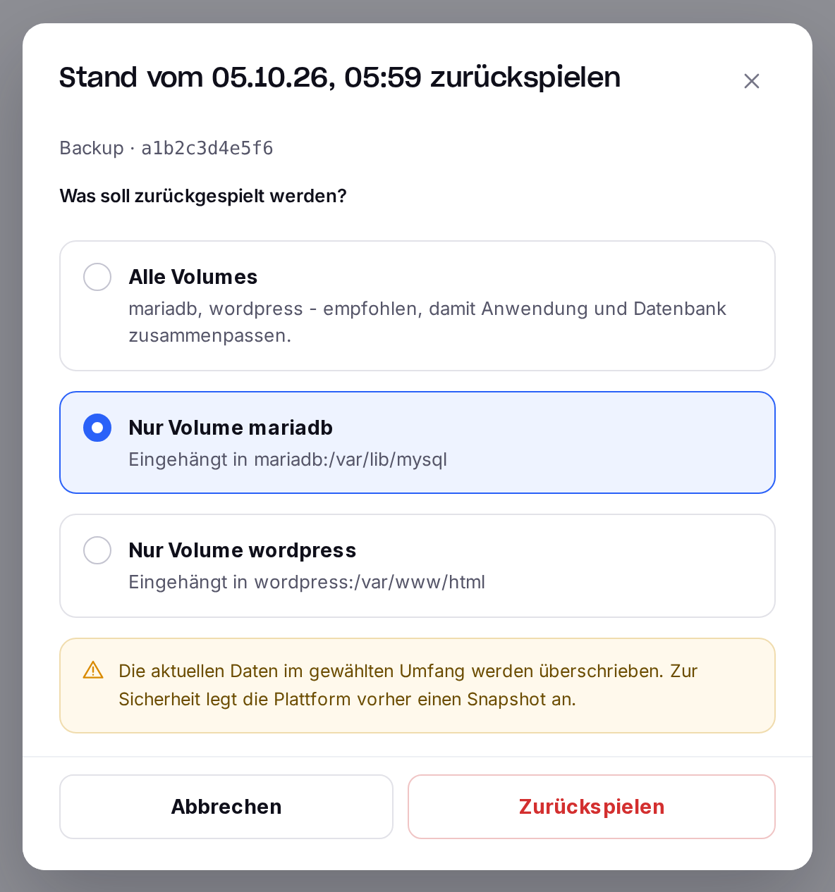 Dialog zum Zurückspielen eines Backups mit Auswahl aller Volumes oder eines einzelnen Volumes