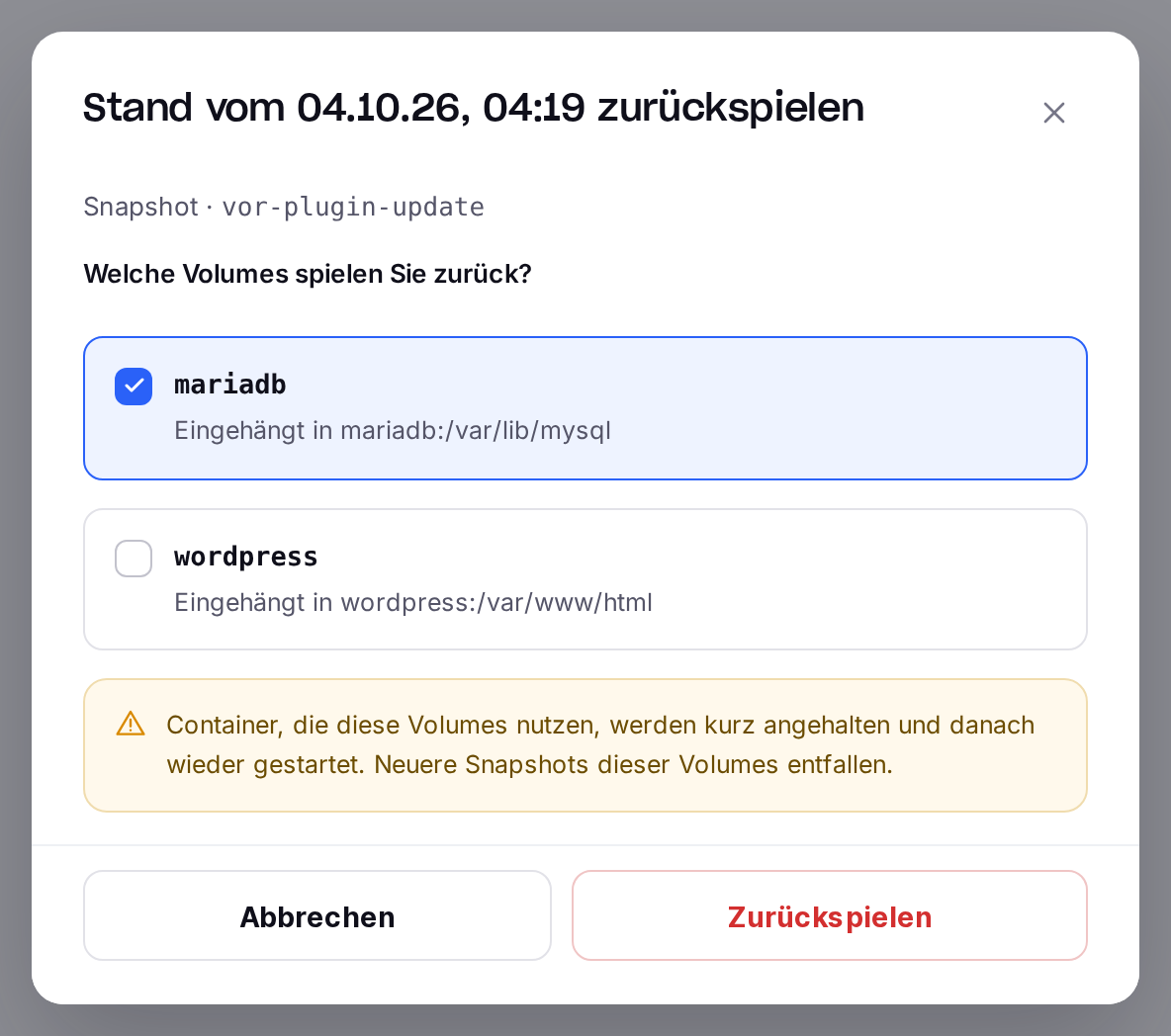 Dialog zum Zurückspielen eines Snapshots, nur das Volume mariadb ist ausgewählt