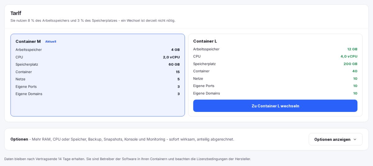 Reiter Tarif & Optionen mit aktuellem und größerem Tarif sowie dem Bereich Optionen