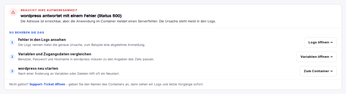 Hinweis „wordpress antwortet mit einem Fehler (Status 500)" mit drei Lösungsschritten
