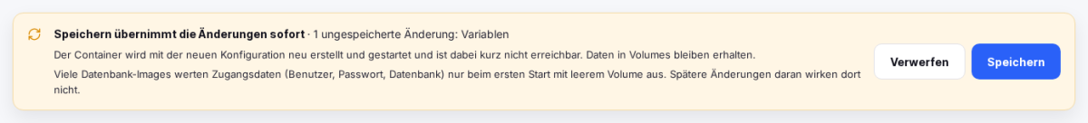 Speicherleiste mit Hinweis auf den Neustart und auf Zugangsdaten von Datenbank-Images