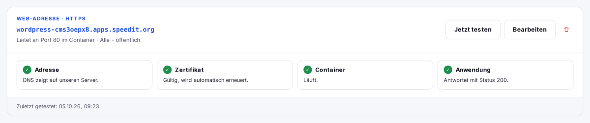 Web-Adresse eines Containers mit Prüfkette aus Adresse, Zertifikat, Container und Anwendung
