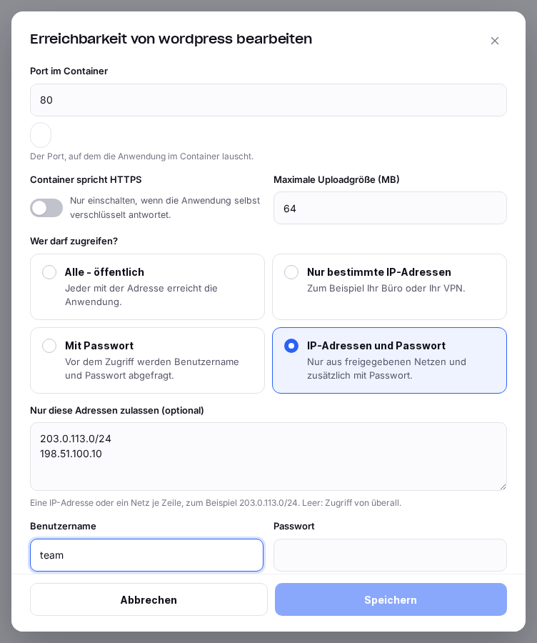 Dialog „Erreichbarkeit bearbeiten" mit Port, Uploadgröße und den Optionen für den Zugriffsschutz