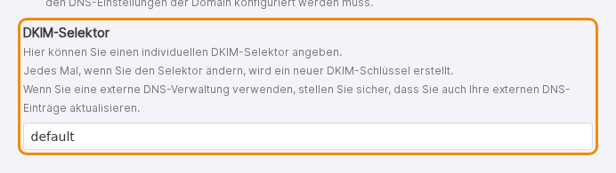 Feld „DKIM-Selektor" mit dem Standardwert default