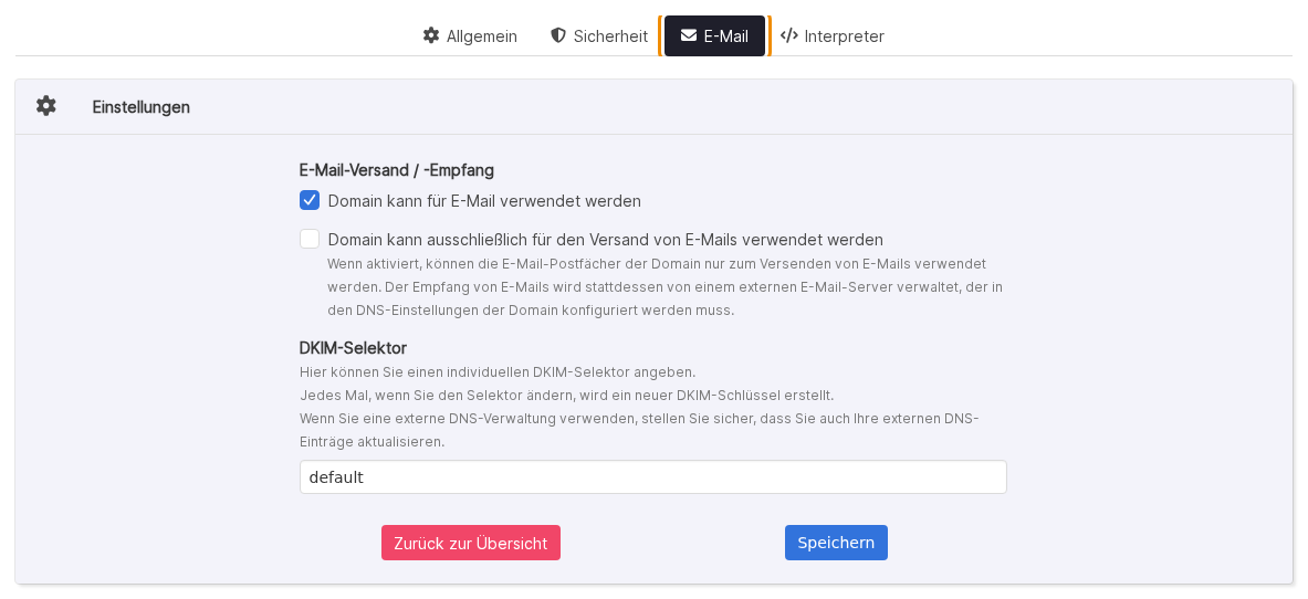 Domain bearbeiten in KeyHelp: Reiter „E-Mail" mit den Schaltern für Versand und Empfang und dem DKIM-Selektor
