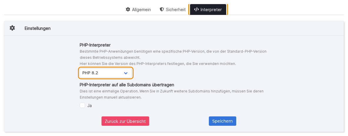Domain bearbeiten in KeyHelp: Reiter „Interpreter" mit dem Auswahlfeld PHP-Interpreter