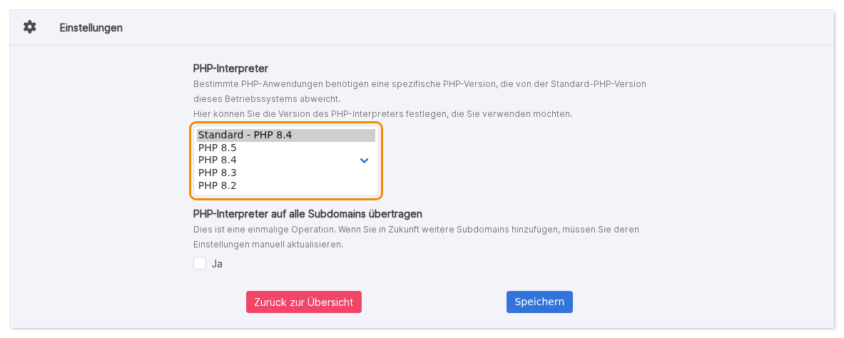 Auswahlliste des PHP-Interpreters in KeyHelp mit Standard - PHP 8.4, PHP 8.5, PHP 8.4, PHP 8.3 und PHP 8.2