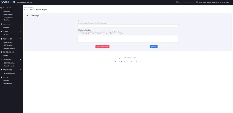 KeyHelp - Add SSH Key - Input form
