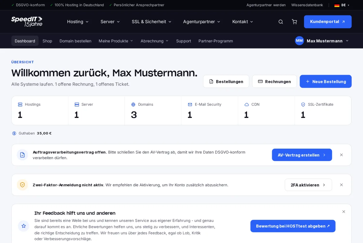 Dashboard des SpeedIT Kundenbereichs mit Produktübersicht, offenen Rechnungen und Tickets