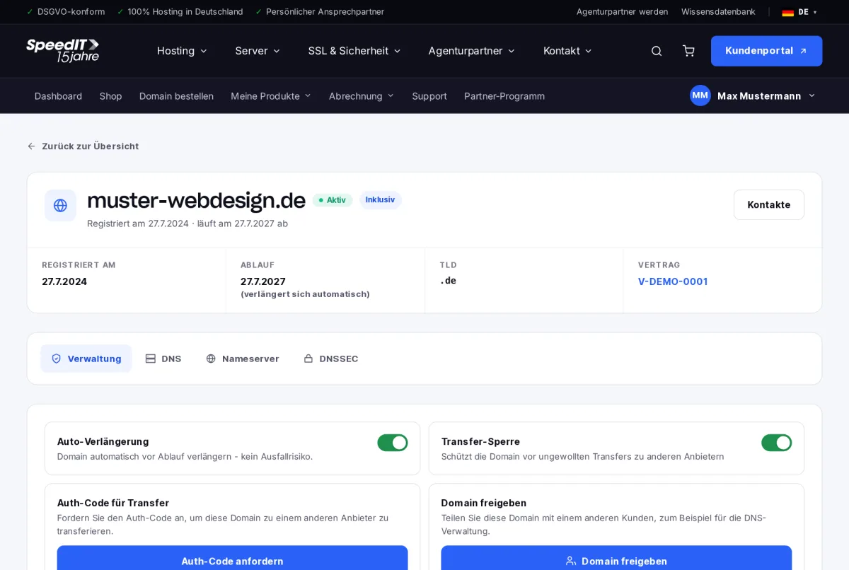Kundenbereich: Domainverwaltung mit Auto-Verlängerung, Transfer-Sperre und Auth-Code