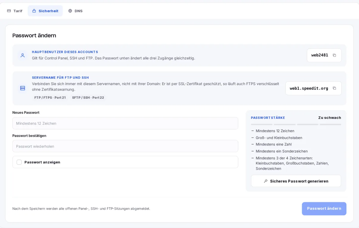 Formular zum Ändern des Hosting-Kennworts mit Benutzername, Servername und Passwortstärke