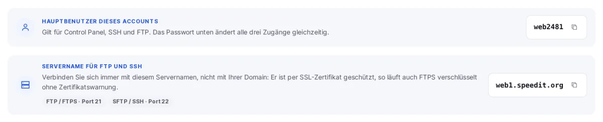 Reiter Sicherheit im Webhosting mit Hauptbenutzer und Servername für FTP und SSH