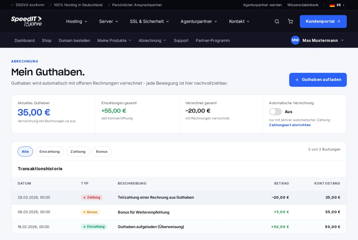 Kundenbereich: Guthaben mit Kontostand und Transaktionshistorie