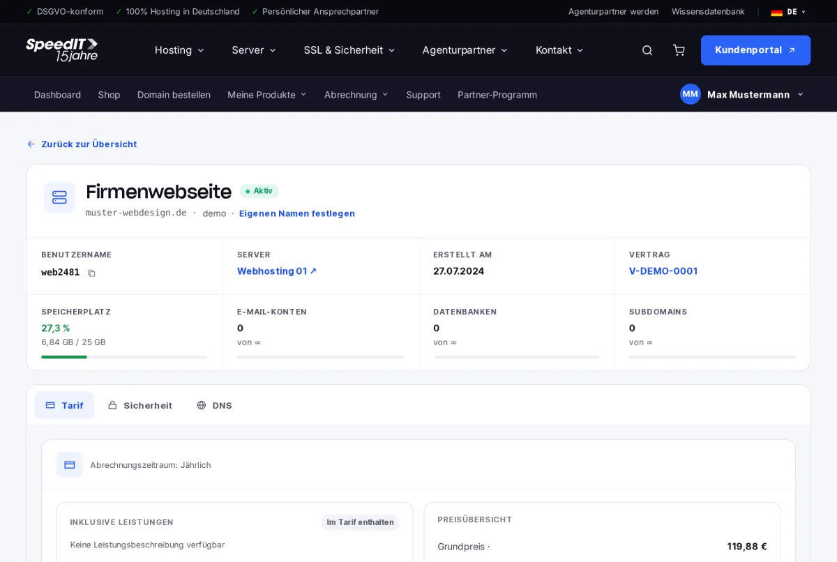 Kundenbereich: Hosting-Details mit Speicherplatz, Tarif und Inklusivdomain