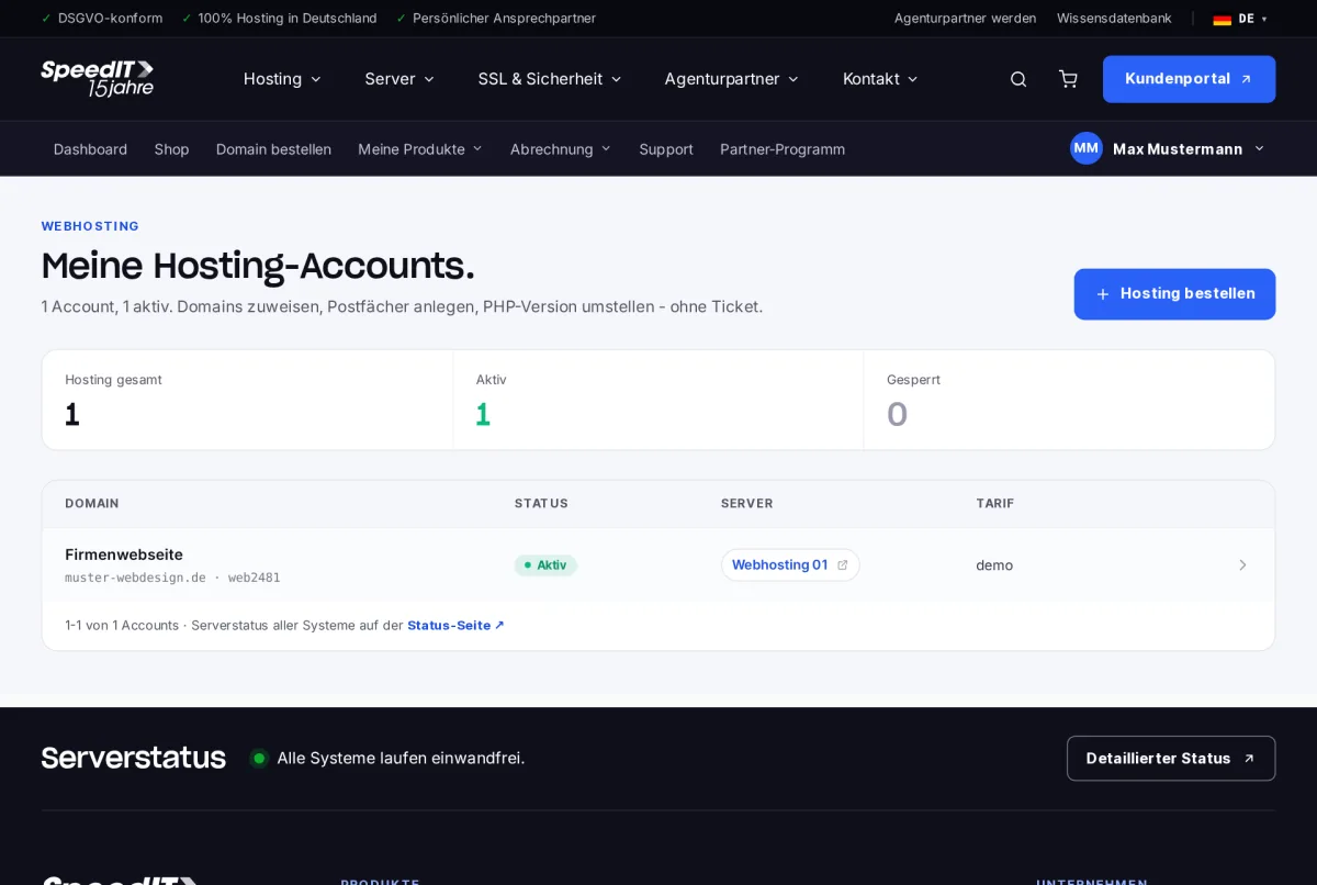 Kundenbereich: Übersicht der Hosting-Accounts