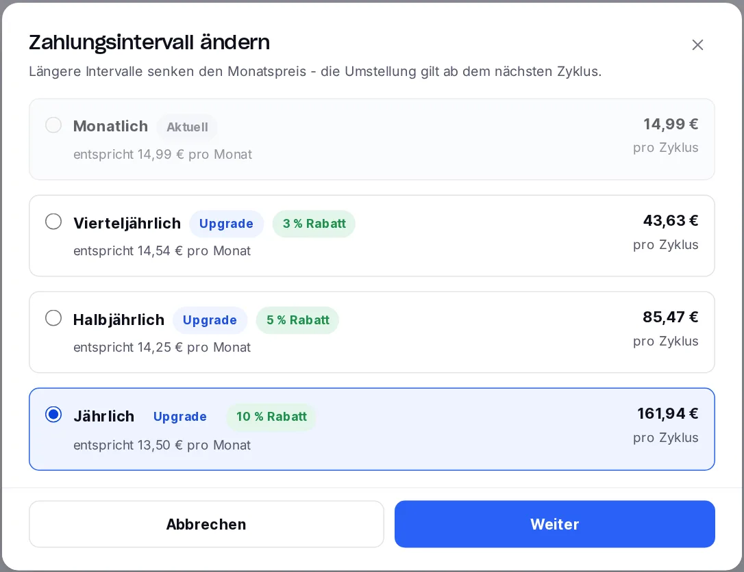 Dialog Zahlungsintervall ändern mit monatlich, vierteljährlich, halbjährlich und jährlich samt Rabatt