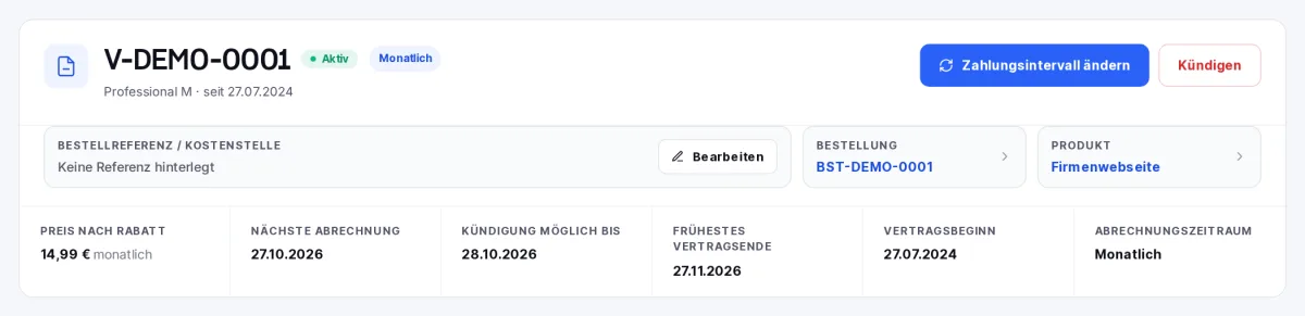 Vertragsdetails mit dem Knopf Zahlungsintervall ändern und dem aktuellen Abrechnungszeitraum