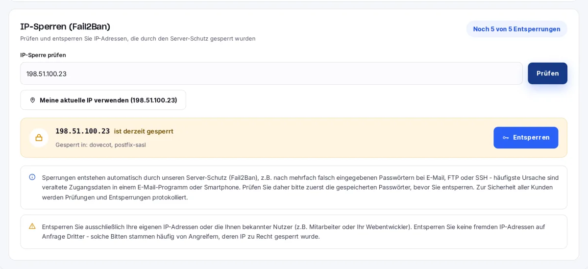Reiter IP-Sperren mit Prüfung einer IP-Adresse, Ergebnis gesperrt und verbleibenden Entsperrungen