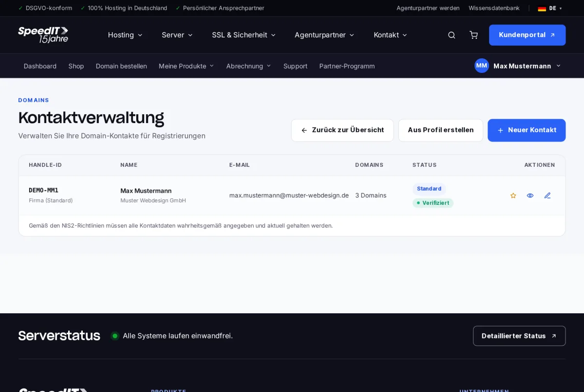 Kundenbereich: Kontaktverwaltung für Domain-Handles