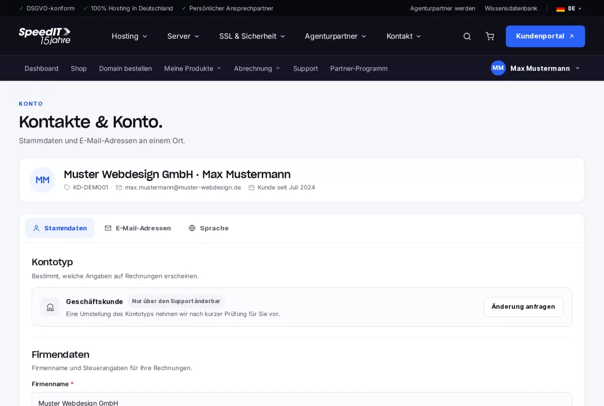 Kundenbereich: Kontakte und Konto mit Firmendaten, USt-IdNr. und Anschrift