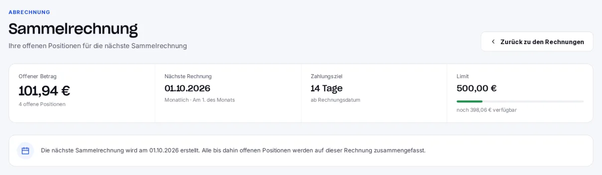 Sammelrechnung mit Abrechnungsintervall, Abrechnungstag, Zahlungsziel, offenem Betrag und Limit